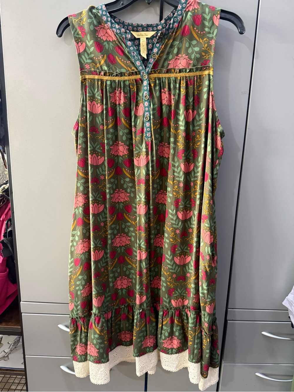 Matilda Jane Olive Green Floral Midi Dress with Pink Accents